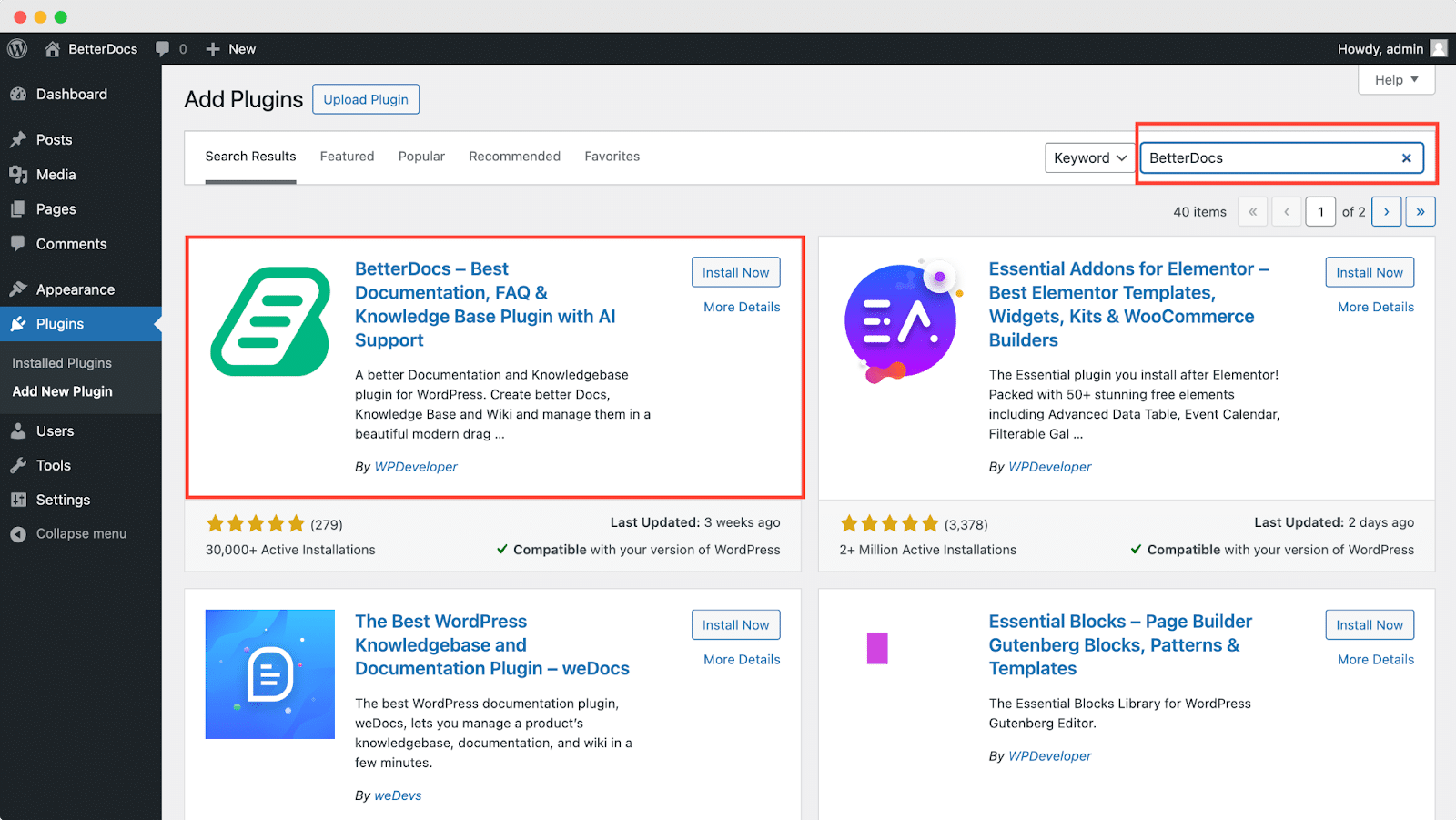 How To Add Related Docs In A Single Doc Page With BetterDocs? 1 install-and-activate-betterdocs-plugin