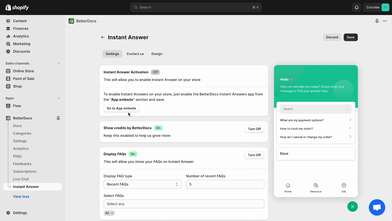 How To Configure Instant Answers With BetterDocs For Shopify? 2 Configure Instant Answers With BetterDocs For Shopify